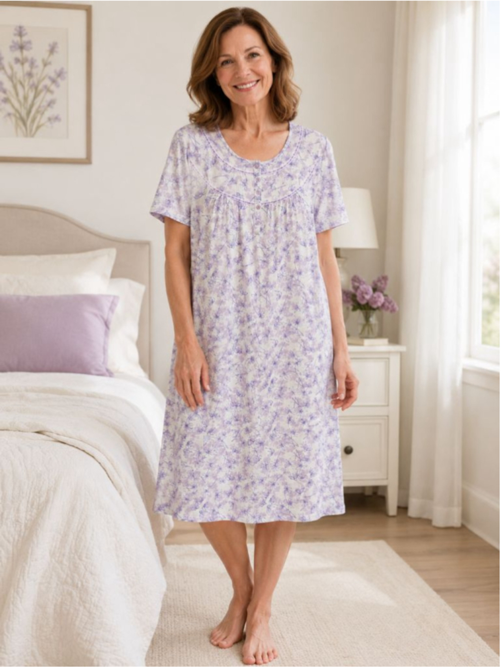 Keyocean Small Lavender Floral Nightgown Short Sleeve Button Front Sleep Shirt